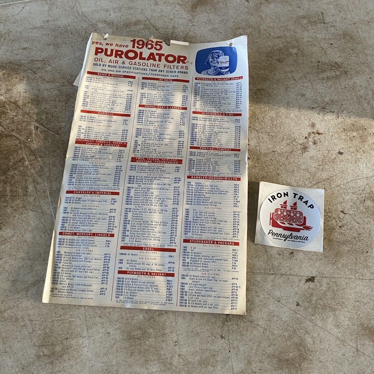 1965 Purolator Gas & Oil Filter Chart Dodge Chevrolet Ford Vintage