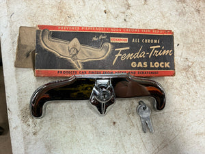 1940s 1950s locking gas door guard Fenda-Trim lock chrome trim fuel accessory