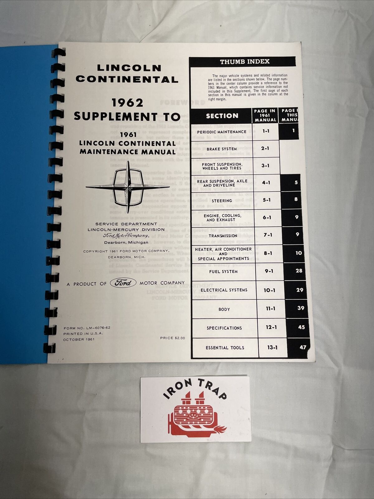 1962 Lincoln Continental Supplement to 1961 Maintenance Manual #41