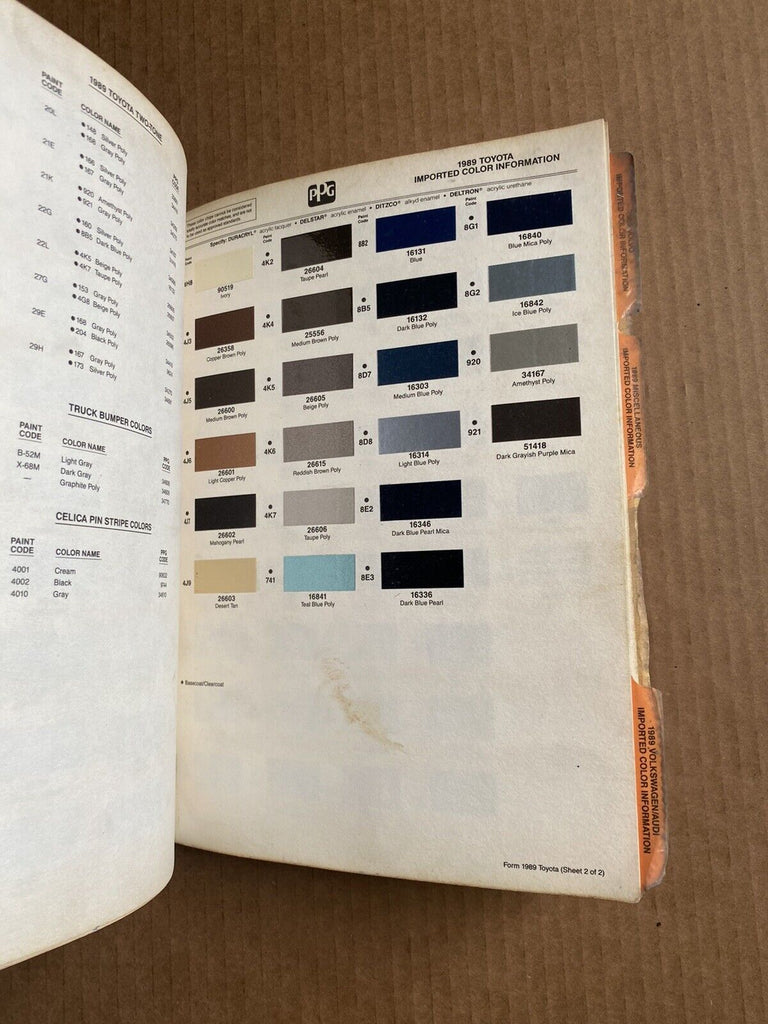 Pg9 Paint Code 1989 PPG Import Color Information Paint Chip Book Porsche Audi BMW Vol ...