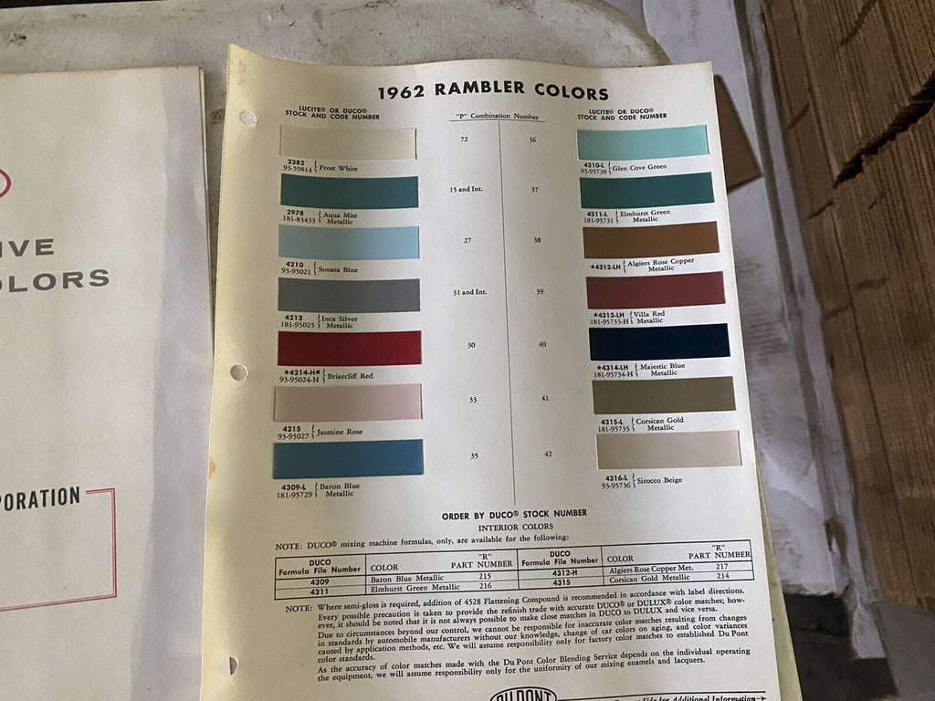 1961-66 Dupont AMC Rambler Paint Color Chip Book Interior Exterior ...